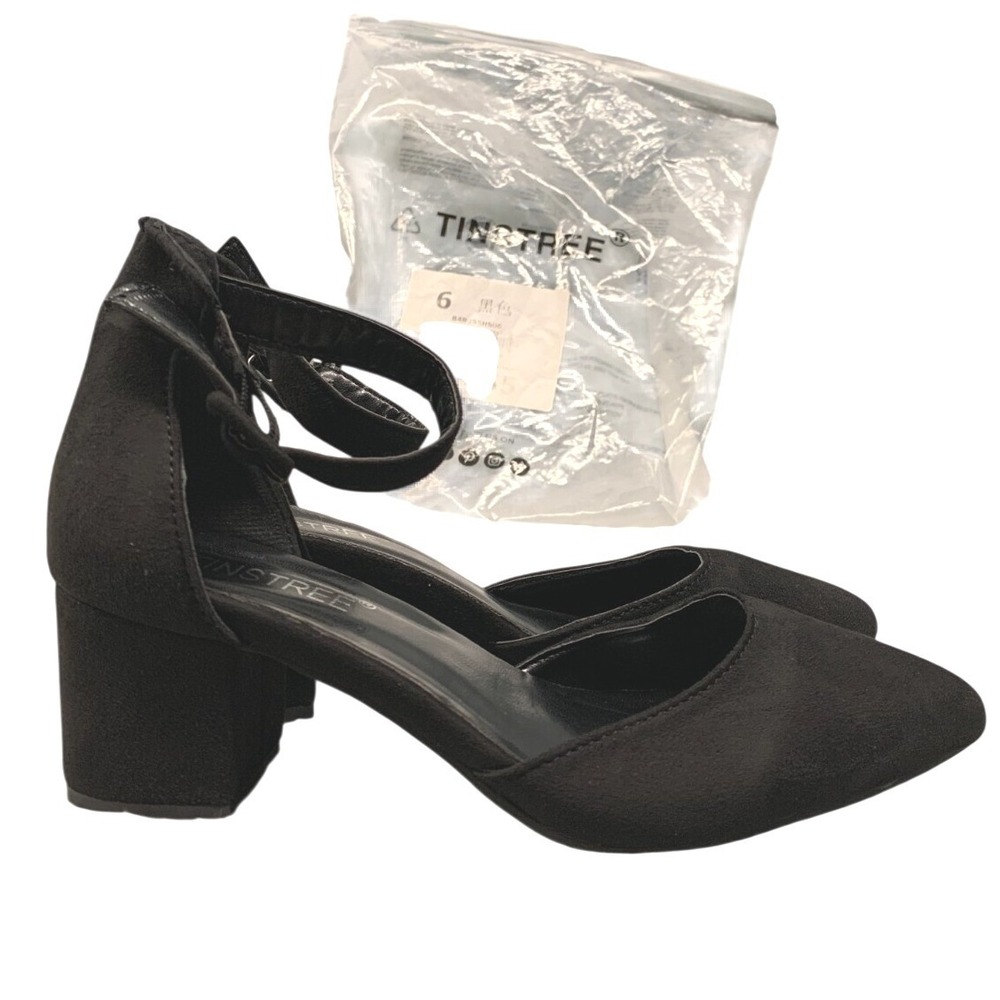 Tinstree Block Heel Shoes Women's Size 6 Black Ankle Strap Pointed Closed Toe